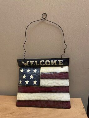 American Flag Metal Wall Hanging Red White Blue Patriotic Decor 8x9